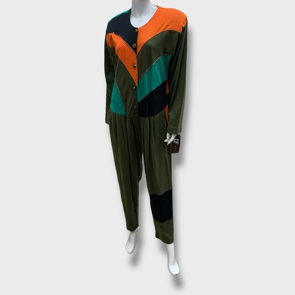 Vintage 80s American Jumpsuit Sz S Olive Green Orange‎ Shoulder Pads NWT USA - Picture 2 of 13